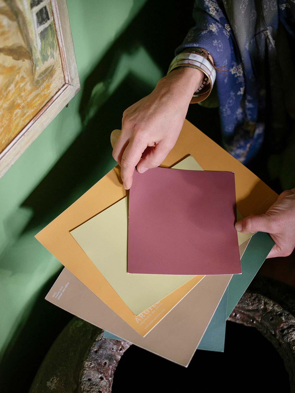 Fiona de Lys, interior colour consultant, holding a range of paint colour cards